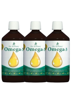 Dr. Baddakys Fiskeolie. Tilskudsfoder med omega3 fedtsyre til hund, kat og hest. 3 x 1000 ml.